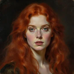 portrait of a beautiful redhead woman ,by roberto ferri, by austin osman spare, by wayne barlowe, detailed painting, mystical, occult