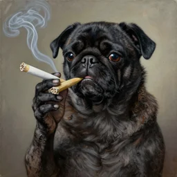 portrait of a drunk and high black pugalier smoking a joint, painting, surrealism, extreme detail