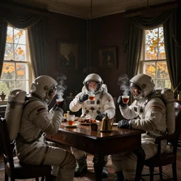 3 cosmonauts in a spacesuit drinks a steaming cup of tea at an old wooden desk in a richly decorated victorian house. the autumn light comes in through a window and dimly illuminates the room, diffuse light, octane render