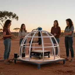 robotic 3d printer printing a domed house frame in the australian desert, supervised by a group of three women,  XF IQ4, 150MP, 50mm, F1.4, ISO 200, 1/160s, dawn