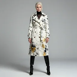 portrait of ciri wearing a dalmatian trench coat, knee - high boots, fashion, black gold splatter paint, marcin blaszczak, michael whelan, artgerm, artstation