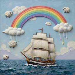 3d high relief painting of sea like jelly,Rainbow clouds like sheeps floating lightly in the air, Sailing ship,dreamy, soft , highly detailed,  expressive impressionist style, in the style of Frederic Edwin Church