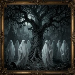 a crowd of ghostly ghouls under a spooky tree baroque style