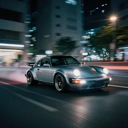 photo of a porsche 911 at night driving fast through a city, cinematic, 4k, long exposure photography, tokyo drift, fast and furious, film still, night photography, motion blur, lens flare, movie shot, light trail, distortion, wide angle
