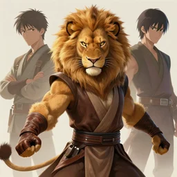 beautiful portrait of a female anthropomorphic lion fursona wearing jedi robes. leather gloves. angry aggressive combat stance. character design by charlie bowater, ross tran, artgerm, and makoto shinkai, detailed, soft lighting, rendered in octane