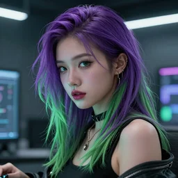 cyberpunk girl with purple and green hair, headshot, tending on artstation, 8k