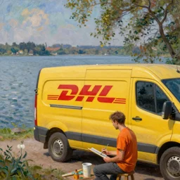 DHL yellow DHL van and the lake, with a man in orange shirt painting by Monet