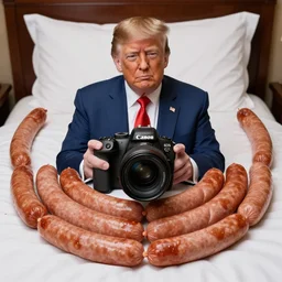 Donald Trump in a bed covered in sausages, Canon EOS R3, f/1.4, ISO 200, 1/160s, 8K, RAW, unedited, symmetrical balance, in-frame
