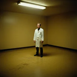 flash low quality photograph of a male scientist wearing a lab coat in the backrooms, mustard - yellow old moldy moist carpet room, empty liminal space, very dark shadows, broken fluorescent lighting, horror movie scene, film grain