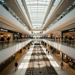 interior of a shopping mall, railway tracks going through it