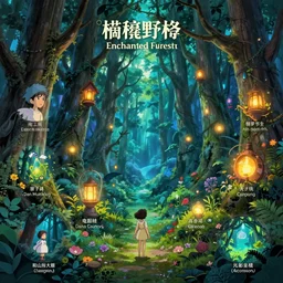 enchanted forest, infographic with illustrations, glowing lights, epic fantasy, colorfully, digital art, highly saturated colors, concept art, detailed illustration, hd, 4 k, digital art, greg rutkowski, dan mumford, studio ghibli trending on artstation