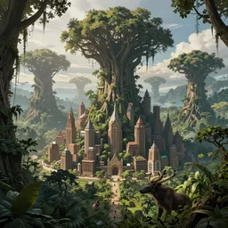 giant tree creatures building a city with mystical animals in the middle of the jungle ,style by dylan cole, digital art, matte painting, artstation, concept art