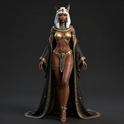 full length complex 3 d hyper realistic smooth ultra sharp render of a gorgeous light skinned african woman with white hair | bikini, chains, robes | demoness, succubus, witch, egyptian goddess, neko, cat ears | medieval, fantasy, d & d, unholy | intricate, highly detailed, octane render, photorealistic, cinematic | art by 吵 集 仁 儿 on artstation + oh jinwook + sakimichan + halim ghodbane