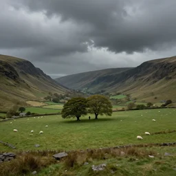 artwork of the cinematic view of a landscape of the eden valley of cumbria by rene magritte, thundery weather, couple of groves, sheep pasture, landscape view