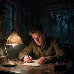 real life full portrait by beksinski and artgerm, matt damon as an american sergeant delirious while writing letter under table lamp, all alone at night, in haunted cabin, year 1 9 4 2 world war 2, scary, horror, 8 k resolution, cinematic dramatic lighting, extremely detailed, sharp focus, unreal engine, smooth render