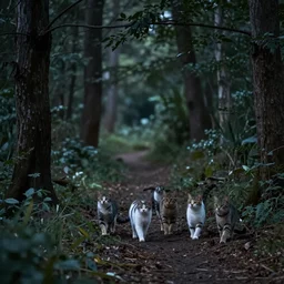 A herd of cats exploring a forest at twilight