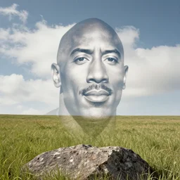 the clouds form the face of dwayne the rock johnson's head coming out of a rock, looking out on a field of short grass