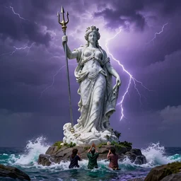 gigantic marble statue of the goddess of the sea wielding a trident on an island. roiling waves at the base. scene lit by lightning. thunderclouds in the background. fantasy setting. magicians praying to the statue. purples and greens. fantasy aesthetic. extremely detailed. 4 k. family friendly