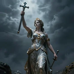 a beautiful, stunning goddess of justice holding a greatword rising from the void, stopped in time, ominous, eerie, atmospheric, cinematic, epic, 8 k, 4 k, ultra detail, ultra realistic, rendered by awesomeness