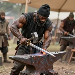 a muscular dwarf blacksmith, wearing blacksmith clothing!!!!!!!, swinging hammer down forging a sword on an iron anvil, cinematic, epic, medieval, renaissance festival, realistic, tabletop miniatures, product photos by greg rutkowski, craig mullins, jeff easley, archvillain, titanforge, blizzard, hearthstone, mtg, wotc
