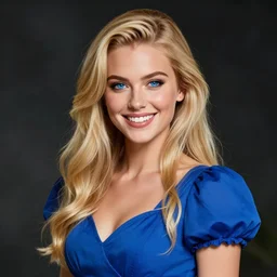 an insanely detailed realistic depiction of smiling haley from stardew valley, long golden blonde hair, sapphire blue eyes, perfect makeup, perfect teeth, wearing lovely blue dress, looks like perfect model, in the style of peter mohrbacher, artgerm, dramatic lighting and composition, octane render, trending on artstation, concept art 8 k
