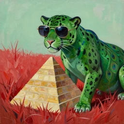 a green panther wearing sunglasses with a peacock tail nail polish blue stripes, keeping a pyramid, red grass, oil on canvas