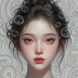 closeup portrait perfectly detailed of a beautiful mysterious girl, bubbles around head, cute eyes, swirly intricate linework background by stanley artgerm lau, smooth, digital painting, by greg rutkowski and hr giger, zbrush, trending on artstation, unreal engine 5