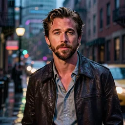 night flash portrait photography of ryan gosling on the lower east side by annie leibovitz, raining!! nighttime!, colorful!,