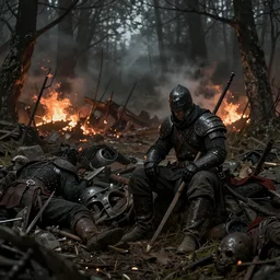 dark gritty medieval battle aftermath, a mercenary sitting beside a pile of dead enemies, a forest on fire in the background, highly detailed illustration