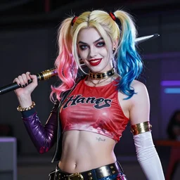 cosplay on the witch harley queen, high detail of the face, full body, high detail, high modernization, cinematic, dynamic lighting, ultra mega super hyper realistic, ultra mega super hyper beautiful