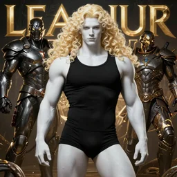 promotional poster of the pale blond androgynous MALE soldier Lucius by J.C Leyendecker and Peter Paul Rubens, porcelain white skin, tight black tank top and shorts, voluptuous male, long luxurious light curly blond hair, long fluffy blond curly hair, genetically engineered super soldier black armor glowing eyes, league of legends splash screen, hyper detailed background, 4K, artstation