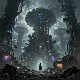 beautiful low angle painting of an alien world with unknown structures and technology, cyberpunk, wires everywhere, junk on the ground, neon lights, a tiny girl watching on, moody atmosphere, epic composition, dramatic lighting, trending on artstation, octane render, by robert zemeckis