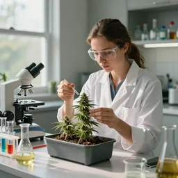 environment portrait of sensible australian hobby female scientist conducting cannabis science experiment in controlled environment in kitchen, luxury beakers and expensive equipment, makes medicine from a small cannabis garden in a rectangular pot, caustics, glassware, natural sunlight, cinematic, octane render 8 k trending on artstation