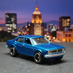 3 5 mm photo of metallic blue 1 9 9 1 jetta like hot wheels model with mexico city as background, epic cinematic, epic lighting
