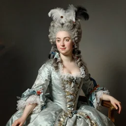 madame de pompadour howith her hair piled up high adored with feathers and ribbons, wearing a beatiful 1 8 th century dress with flounces and ribbons, rococo style, francois boucher style, highly detailed, very realistic, painterly style,