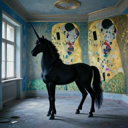 a black unicorn in a blue and gold haunted liminal abandoned room, film still by edward hopper, by gottfried helnwein, by klimt, art noveau, highly detailed, strong lights, liminal, eerie, bright pastel colors,