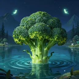 portrait of a broccoli in a magical lake, half submerged in water, highly detailed, digital painting, artstation, night scene with moutains with glowing sprites, wlop concept art, smooth, sharp focus, illustration, art by dreadjim, craig mullins and greg rutkowski, 8 k