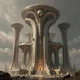 brutalist alien civilization, matte painting by Barclay Shaw and Marc Simonetti, featured in artstation, octane render, cinematic, elegant, intricate, 8k, HDR