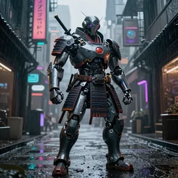 a futuristic robot modeled after warring states japan samurai. Rainy Grungy neon cyberpunk alleyways in the background Badass pose , Photo realistic , Gregory Crewdson , Award winning. Masterpiece, exquisite detail, post processing