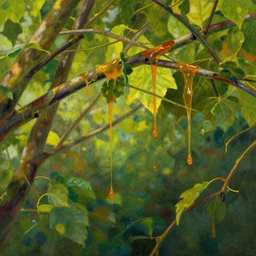 there is no light only a honey - thick stain that drips from leaf to leaf and limb to limb spoiling the colors of the whole world by greg rutkowski and thomas kinkade, trending on artstation