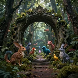 photo of a portal to a different world with magical creatures in it, in the forest. Fantasy magic style. Highly detailed 8k. Intricate. Nikon d850 55mm. Award winning photography.