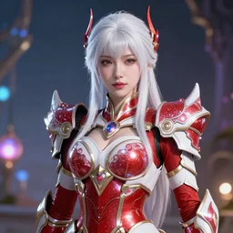 beautiful albino Asian girl red and white armor, unreal engine octane, colorful, portrait, gliter, depth of field, 8k, epic light