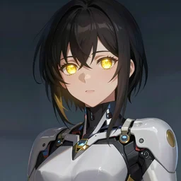 A realistic anime painting of a beautiful android woman with glowing yellow gold eyes. digital painting by Sakimichan, Makoto Shinkai, Rossdraws, Pixivs, Junji Ito, WLOP, digital painting. trending on Pixiv. SFW version —H 1024