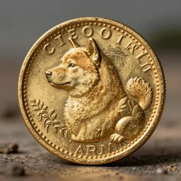 a shiba-inu depicted on a golden coin from ancient rome