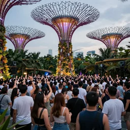large group of people partying at garden by the bay in Singapore, photorealistic, ultra-detailed, high resolution