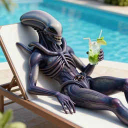 xenomorph chilling on a sunbed near a pool drinking mojito, photorealistic, trending on artstation, hyper detailed, 8 k