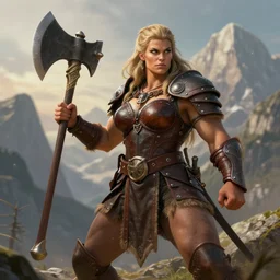 barbarian woman wearing leather breastplate posing with great axe in the mountains | larry elmore dungeons and dragons artwork | broad body strong robust | hyperrealistic | volumetric lighting |