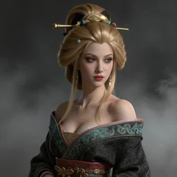 portrait of a gorgeous blonde geisha by Greg Rutkowski, trending on Artstation, Joseph Christian Leyendecker, WLOP, Boris Vallejo, octane render, dark, moody, foggy