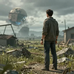 man looking at the last day on earth, photorealisitc, 3d render