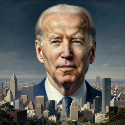 portrait of immense, majestic, surreal, terrifying joe!!!! biden!!! crushing the city, perfectly clear face, by j. c. leyendecker, bosch, and beksinski